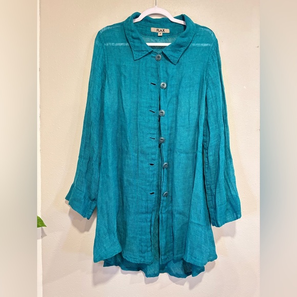 FLAX Linen Button Front Tunic Blouse Teal Green M Relaxed Fit - Picture 2 of 7